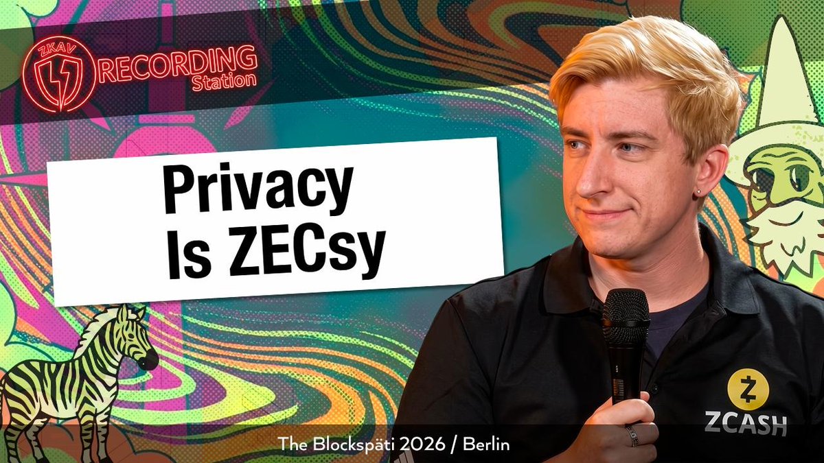 A promotional still from ZKAV Recording Station featuring a blond man speaking into a microphone, with text reading 'Privacy Is ZECsy' and 'The Blockspäti 2026 / Berlin' alongside ZCASH branding.