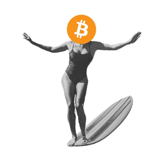 A black and white image of a woman in a swimsuit standing on a surfboard with her arms outstretched, with a Bitcoin logo superimposed over her face.