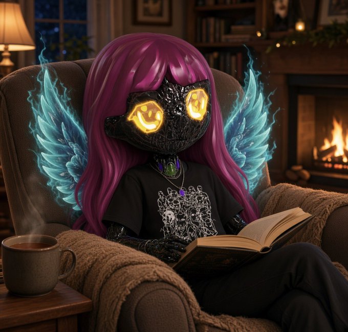 A robotic figure with glowing smiley-face eyes, vibrant magenta hair, and ethereal blue wings sits cozily in an armchair reading a book by a fireplace, with a steaming mug nearby—capturing the relaxed, optimistic "settling in for the night" vibe of the goodnight post wishing the community full bags and green candles.