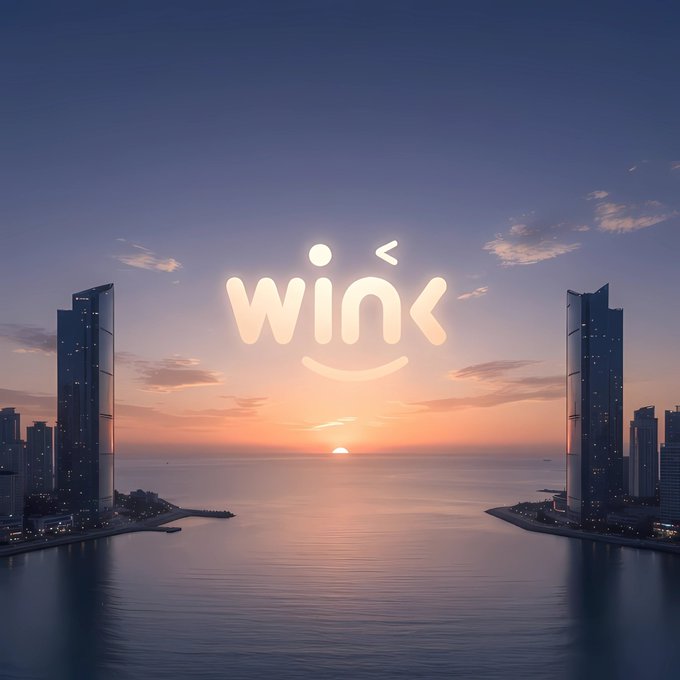 A sunset cityscape over water features a glowing stylized "win" logo with a smiling face symbol.