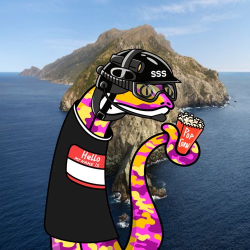 A cartoon illustration of a pink and yellow snake wearing a black cap with 'SSS' on it, goggles, and a black shirt with 'Hello My Name Is' name tag, holding a bucket of popcorn labeled 'POP CORN' against a backdrop of a rocky island in the ocean.