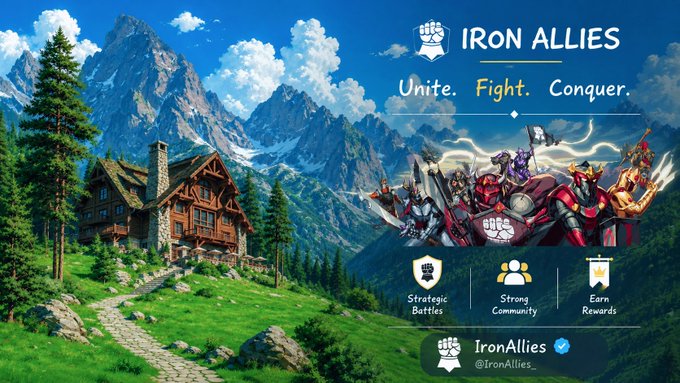 The image is a promotional graphic for "Iron Allies," featuring the tagline "Unite. Fight. Conquer." against a backdrop of a picturesque mountain cabin and armored warriors, highlighting benefits like "Strategic Battles," "Strong Community," and "Earn Rewards," with a Twitter handle @IronAllies and a mint price reference to $IRON at 0.25 ETH mentioned in the post.