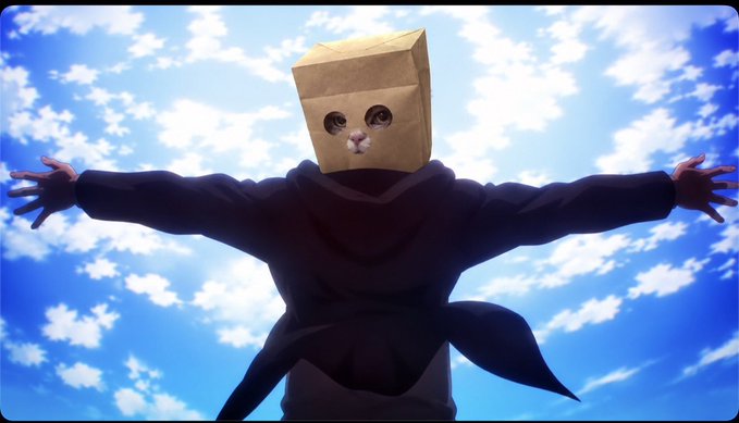 An anime figure in a black robe stands with arms outstretched against a blue sky, wearing a brown paper bag over their head with a cat's face peeking through cutout eye holes, evoking a meme-like "ready to launch" pose that humorously mirrors the post's $ZCAT ticker hype and the rallying cry "it's fucking time."