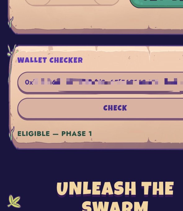 A digital wallet checker interface displays the text "WALLET CHECKER," "CHECK," and "ELIGIBLE — PHASE 1," with a partially blurred wallet address starting with "0x..." and the tagline "UNLEASH THE SWARM" at the bottom. The image aligns with the post by visually confirming that the user's wallet has passed the eligibility check to hold a @FrenchiesFirst pass before the upcoming mint event.