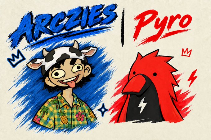 An illustrated graphic featuring 'ARCZIES' in blue text next to a character wearing a cow-print hat and Hawaiian shirt, alongside 'Pyro' in red text next to a red bird character, both marked with small crowns.