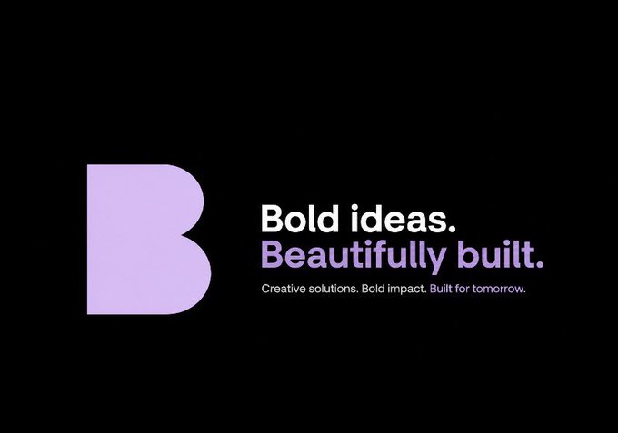 A minimalist logo design with a large purple letter 'B' next to the text 'Bold ideas. Beautifully built. Creative solutions. Bold impact. Built for tomorrow.'