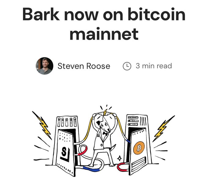 The image features a man standing next to two computer servers, with a cartoon drawing of a dog holding a key over them. The text in the image reads "Bark now on Bitcoin mainnet", which suggests that Bark has launched itself as a Bitcoin wallet service and is focused on making Bitcoin self-custodial without sacrificing user experience.