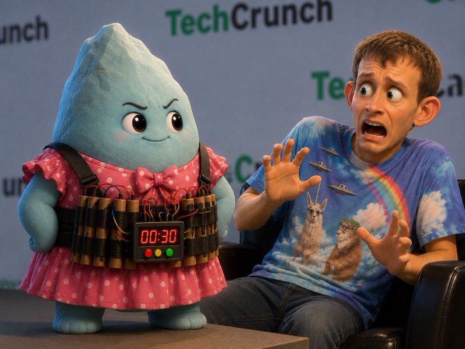 A wide-eyed man in a llama-rainbow tee recoils in panic next to a smug blue droplet character wearing a pink polka-dot dress and a bomb vest reading "00:30," with a TechCrunch backdrop behind them. The image plays on the post's joke: even a seemingly cute NFT mascot (the "69 ETH JPEG") is just a ticking time bomb when ETH's value collapses to zero.