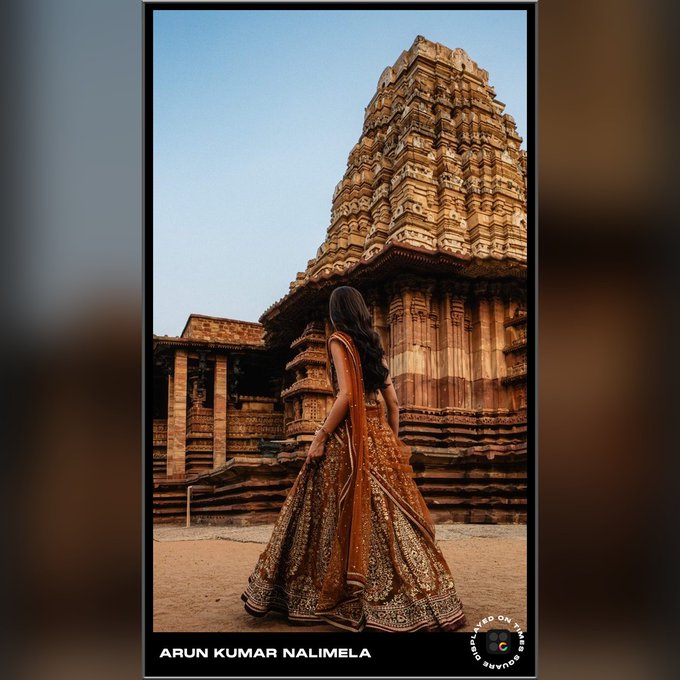 A woman in an ornate traditional lehenga stands before an intricately carved stone temple, with text reading 'ARUN KUMAR NALIMELA' and a 'Shot on OnePlus' watermark.