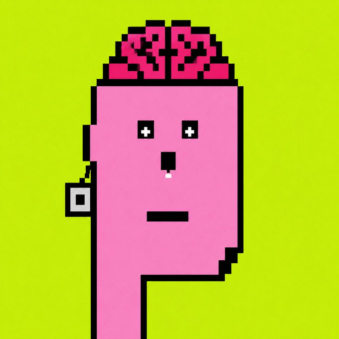 A retro pixel art illustration of a pink character with an exposed brain, a mechanical device on its ear, and cross-shaped eyes against a yellow-green background.