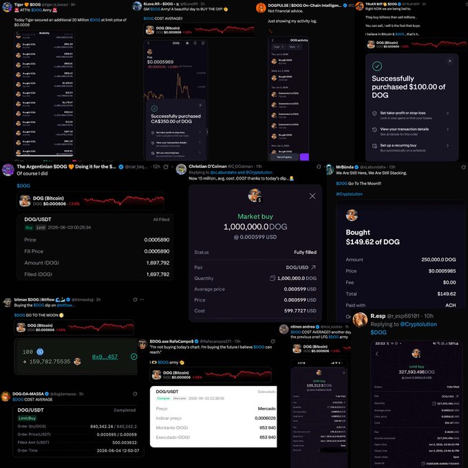 The image contains a collage of social media posts, some with monetary transactions related to dogs and others featuring messages about selling dog products. One post specifically says "#Binance wanted you to sell your bags The $DOG Army did the opposite". This post is located near other elements that also discuss buying and selling dog-related items or services.