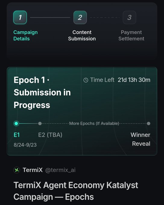 TermiX Agent Economy Katalyst Campaign interface showing a 3-step progress tracker (Campaign Details, Content Submission, Payment Settlement) with Epoch 1 currently in submission progress.