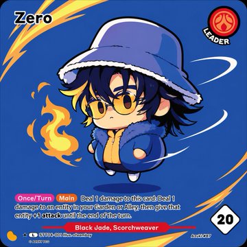 A Pokemon trading card featuring 'Zero' as a Black Jade Scorchweaver Leader character wearing a blue winter coat and hat, with a Once/Turn Main ability and 20 damage.