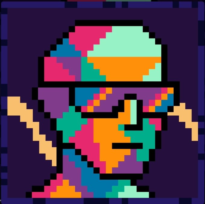 A colorful pixel-art illustration of an abstract, glitch-style character or face with a large head made of geometric color blocks (teal, pink, orange, purple) and an orange number '2' across its visor, set against a dark purple background.