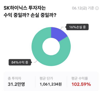 A Korean infographic titled 'SK하이닉스 투자자는 수익 중일까? 손실 중일까?' dated 06.12 showing 84% of investors in profit and 16% in loss, with 31.2만명 total investors, average profit of 1,061,234원, and profit rate of 102.59%.