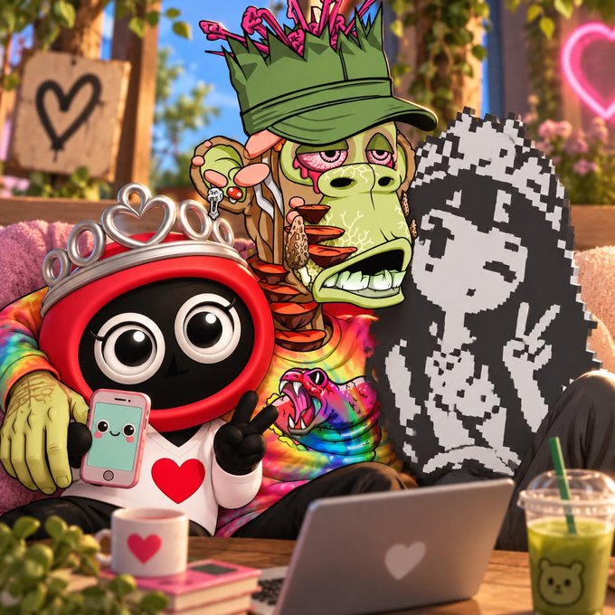 A whimsical, colorful digital artwork features cartoon characters including a red figure with big eyes wearing a tiara and holding a smartphone, a green-faced character with mushrooms, and a black-and-white pixelated figure with a peace sign, all gathered around laptops and coffee cups.