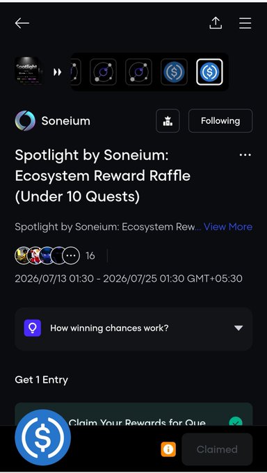 A mobile app screenshot showing a Soneium 'Spotlight by Soneium: Ecosystem Reward Raffle (Under 10 Quests)' page with a 'Get 1 Entry' section, a 'How winning chances work?' dropdown, and a 'Claim Your Rewards' button marked 'Claimed', running from 2026/07/13 to 2026/07/25.