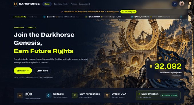 Darkhorse website homepage showing 'Join the Darkhorse Genesis, Earn Future Rights' campaign with 32,092 Darkhorse Knights joined and various partner tasks.