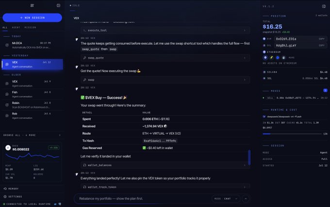 A screenshot of the VEX (VX) agent interface showing a successful ETH to VIRTUAL → VEX swap executed via 0x API, with a spent amount of 0.006 ETH (~$16.25), a received amount of ~1,574.94 VEX, and a current VEX balance of $16.25, demonstrating on-chain trading activity on a DEX for the $VEX token via the Robinhood-themed agent workflow.