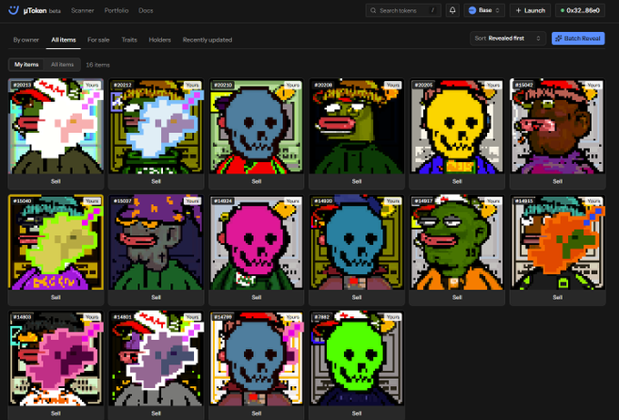 A screenshot of the 'vToken' NFT marketplace browser showing a portfolio of pixel-art CryptoPunk style NFTs for sale, with the account '0x32...86e0'.