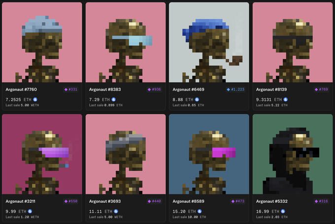 A screenshot showing eight pixel art NFT collectibles called 'Argonaut' with varying prices in ETH (ranging from 7.2625 to 16.99 ETH) and different colored visors on backgrounds of pink, blue, and green.