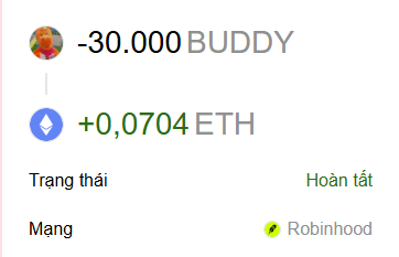 The image displays a crypto swap of 30,000 BUDDY to 0.0704 ETH on the Robinhood network with a "Hoàn tất" (Completed) status. This transaction screenshot likely serves as proof of a recent exchange, though it doesn't directly relate to the post about giving away $50 to commenters who share their Binance UID.