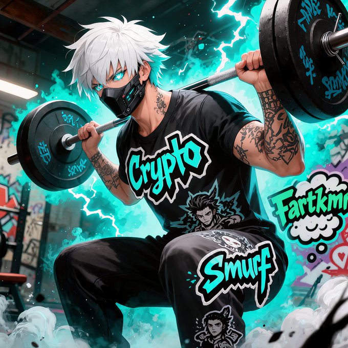 An anime-style illustration of a white-haired character wearing a black 'Crypto' shirt and face mask, lifting a barbell with graffiti-covered weights in a neon-lit gym, featuring text like 'Fartkm' and 'Smurf'.
