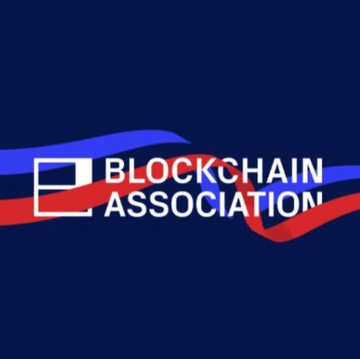 The image displays the logo of the Blockchain Association, featuring stylized blue and red waves behind the text "BLOCKCHAIN ASSOCIATION" on a dark navy background. The logo relates to the accompanying post about the association filing an amicus brief in support of Custodia Bank's Supreme Court petition against the Federal Reserve's denial of master account access.