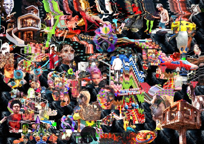 A chaotic, densely packed digital collage features numerous surreal elements including faces, a treehouse, a shark, a TV, and the text 'I WENT THERE THERE I'LL WALK' against a dark, starry background.