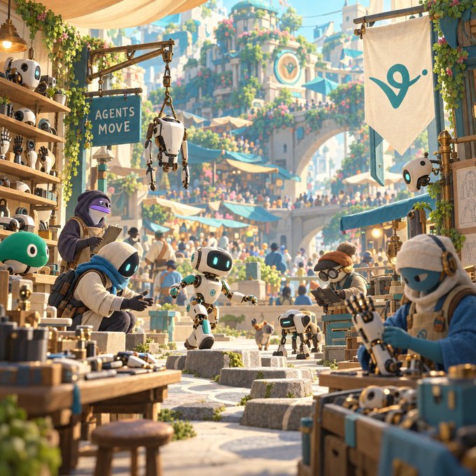 A vibrant AI-generated fantasy marketplace scene featuring humanoid characters and various robots, with a sign reading 'AGENTS MOVE'.