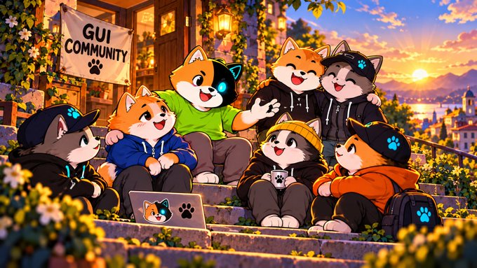 An illustration shows cat-like characters with glowing blue eyes gathered together as a community, with a 'GUI COMMUNITY' sign featuring a paw print visible in the scene.