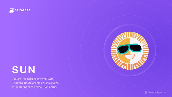 A purple promotional banner for 'BRIDGERS' featuring the SUN cryptocurrency logo with sunglasses, promoting routing assets across chains through optimized execution paths.