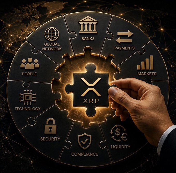 A hand places the central "XRP" puzzle piece into a wheel of interlocking segments labeled Banks, Payments, Markets, Liquidity, Compliance, Security, Technology, People, and Global Network, visually echoing the post's message that all financial components are converging for #XRP.