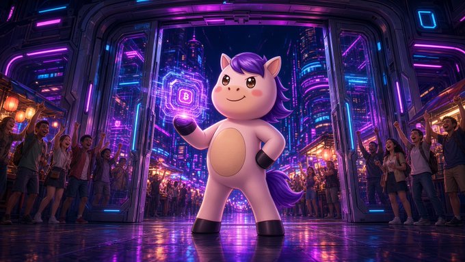 A 3D-rendered white unicorn-like character with a purple mane stands confidently in a neon-lit futuristic cityscape, holding a glowing digital cube while a crowd cheers in the background.