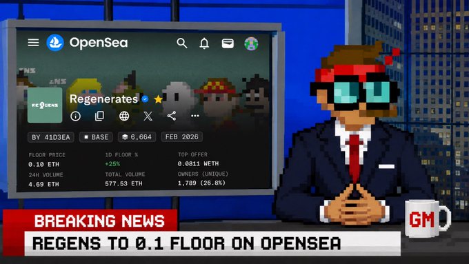 A pixel-art news graphic showing a reporter beside a screen displaying OpenSea stats for 'Regenerates' with text 'BREAKING NEWS REGENS TO 0.1 FLOOR ON OPENSEA'.
