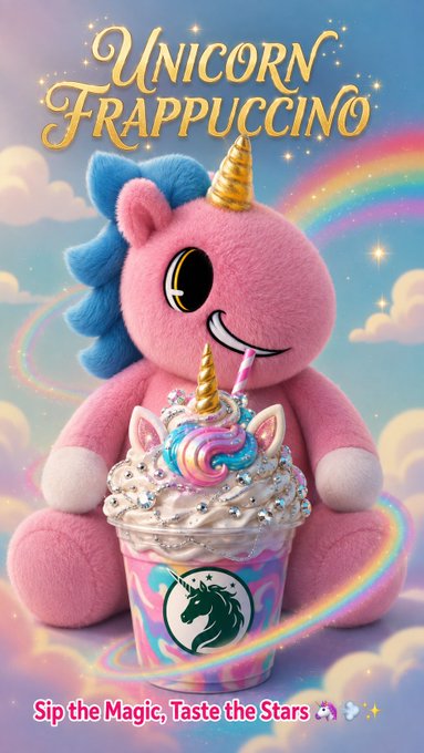 An advertisement-style illustration for a 'UNICORN FRAPPUCCINO' featuring a pink plush unicorn holding a unicorn frappuccino topped with a golden horn and swirled cream, with the tagline 'Sip the Magic, Taste the Stars.'