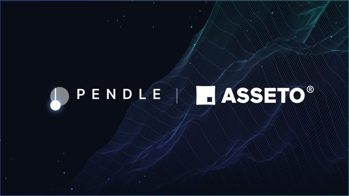 A dark blue promotional graphic with wavy line patterns displays the white logos for 'PENDLE' and 'ASSETO®' side by side.