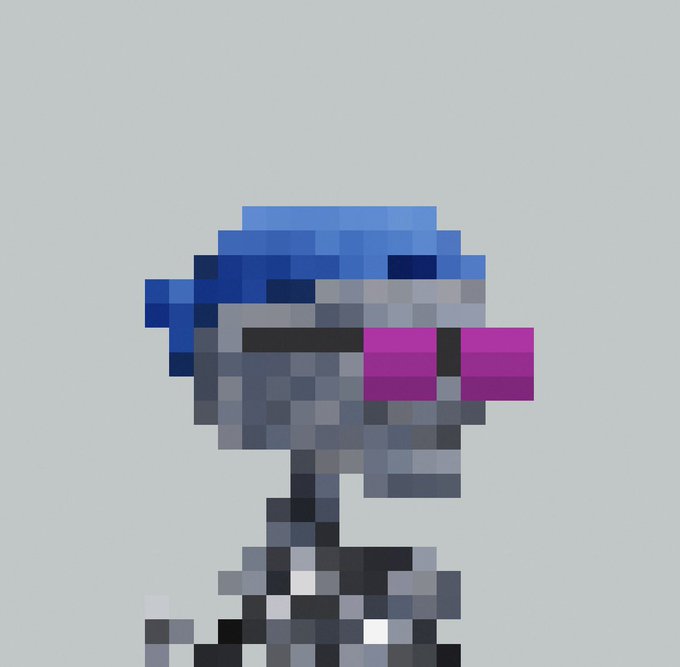 A pixel art illustration of a character with blue hair, wearing a gray outfit and a pink visor, set against a plain gray background.