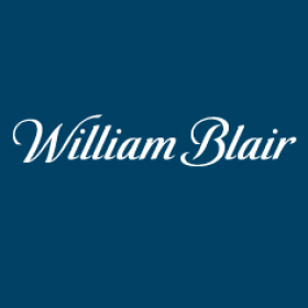 The image displays the William Blair logo in white cursive script on a deep navy blue background. It relates to the post as a visual identifier of the financial firm that cut its Coinbase revenue estimates while maintaining an "Outperform" rating.