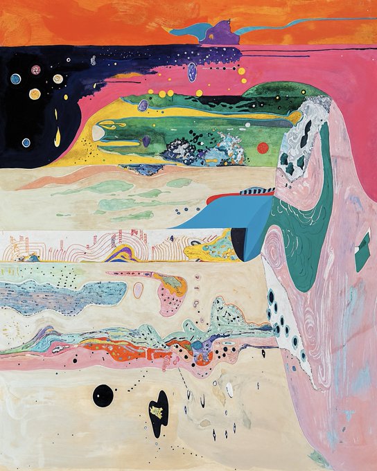 A colorful abstract painting with swirling organic shapes in pink, orange, green, and blue, depicting a surreal landscape.