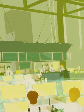A stylized, monochromatic green-toned illustration depicting people seated at tables in what appears to be a cafeteria or dining hall setting.