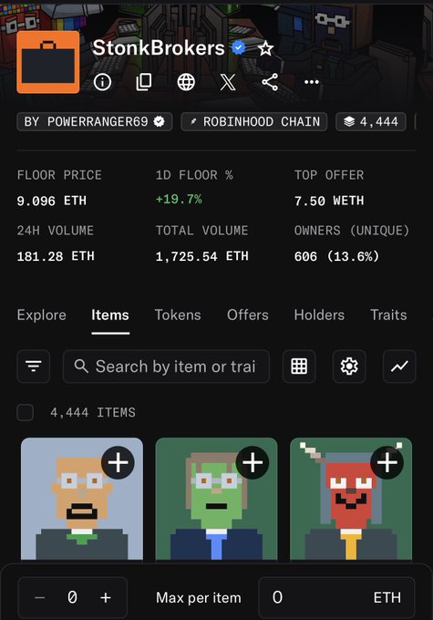 The image shows an NFT marketplace listing for the "StonkBrokers" collection on Robinhood Chain, with a floor price of 9.096 ETH, top offer of 7.50 ETH, and 4,444 total items, alongside stats showing 606 unique owners (13.6%) and 1,725.54 ETH total volume. The data illustrates how the StonkBrokers collection's high floor price surpasses Bored Ape Yacht Club, reflecting the post's claim that the collection has flipped and outperformed the once-dominant BAYC.