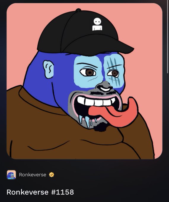 A cartoon illustration labeled 'Ronkeverse #1158' featuring a blue-skinned character with a beard, wearing a black cap with a face icon and a brown shirt, displaying an exaggerated silly expression with tongue out.