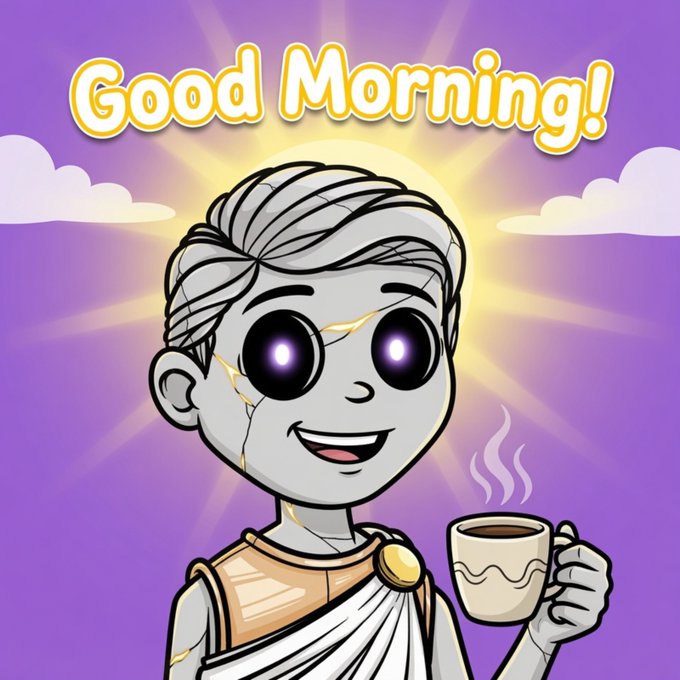 A cheerful, marble-like cartoon statue with glowing purple eyes smiles while holding a steaming cup of coffee beneath a "Good Morning!" greeting, set against a sunny purple sky with clouds. The image pairs with the post's friendly "Gm" vibe and giveaway theme, inviting followers to comment their SOL wallet for a chance to win.
