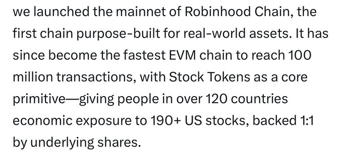 The image is a quote celebrating the launch of Robinhood Chain's mainnet, noting its milestone as the fastest EVM chain to hit 100 million transactions and its offering of 1:1 backed Stock Tokens for 190+ US stocks across 120+ countries. This relates to the post about Arbitrum powering tokenization at scale, highlighting Robinhood Chain's use of Arbitrum's technology to deliver real-world asset tokenization globally.