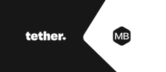 The image shows the Tether logo (with "tether." text) on a black background on the left, paired with the "MB" hexagonal logo of Mercado Bitcoin on a white background on the right, visually representing Tether's $20M investment into Mercado Bitcoin, Ripple's XRPL tokenization partner.