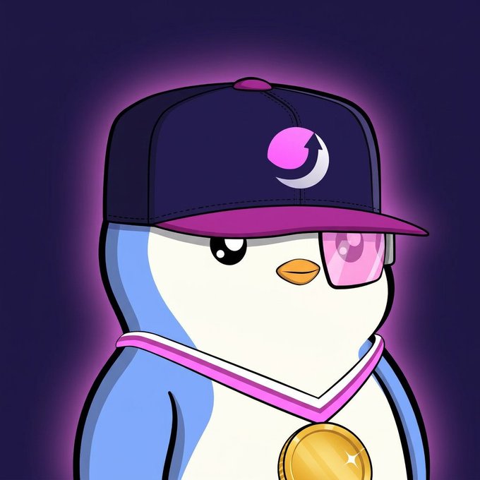 A cartoon penguin wearing a dark baseball cap with a pink and white moon logo, a pink visor, and a pink monocle displays a gold medal around its neck against a dark purple background. The stylish, fashionable penguin character aligns with the post's message about Pudgy Penguin profile picture (PFP) season, serving as a trendy mascot for the NFT collection.