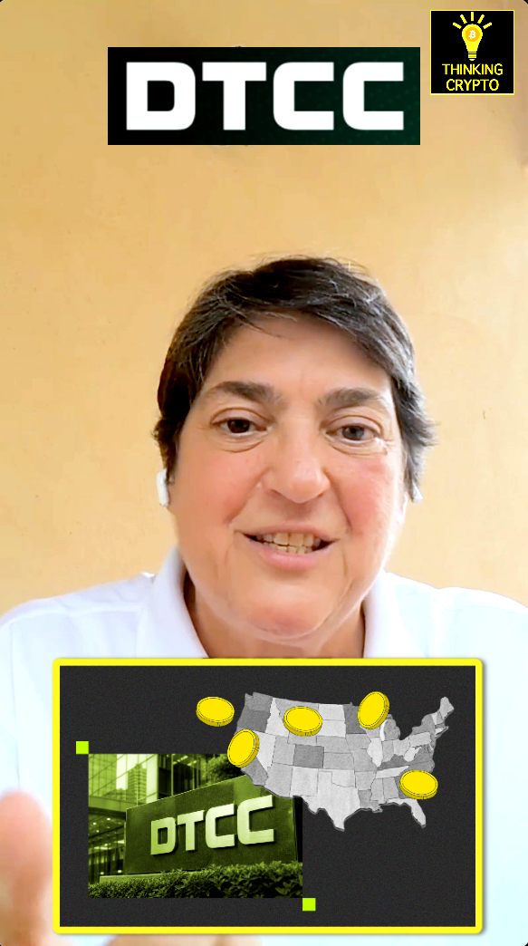 The image shows Nadine Chakar, Global Head of DTCC Digital Assets, speaking in what appears to be an interview setting, with the DTCC logo prominently displayed at the top, "Thinking Crypto" branding in the corner, and an inset graphic featuring the DTCC logo alongside a U.S. map dotted with gold coins—visually reinforcing her discussion of DTCC's efforts to create digital twins of traditional assets through blockchain tokenization across U.S. institutions.