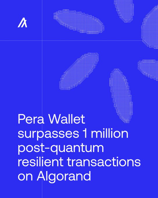 A blue promotional graphic for Algorand features white text stating "Pera Wallet surpasses 1 million post-quantum resilient transactions on Algorand" alongside a halftone logo design.
