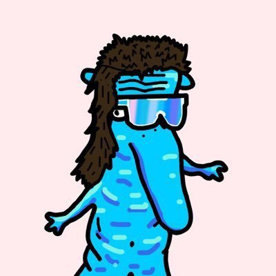 A cartoon illustration of a blue, striped creature wearing a furry winter hat and reflective sunglasses, standing against a pale pink background.